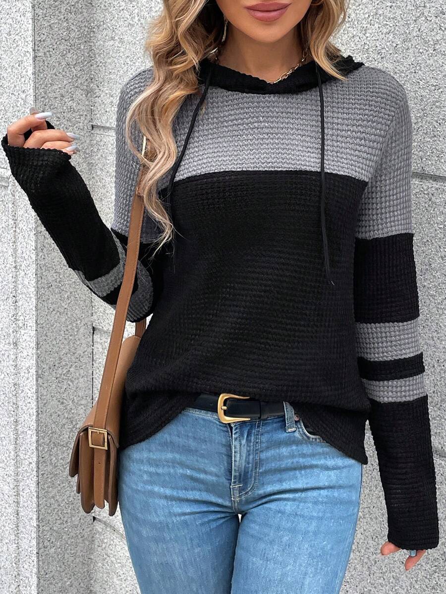 SHEIN LUNE 春夏女士帽子裝飾顏色塊針織格子圖案休閒t恤 - 灰色 - 查看 1