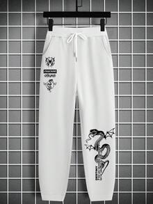 Manfinity Hypemode Men Snake & Letter Graphic Drawstring Waist Sweatpants - White - View 2