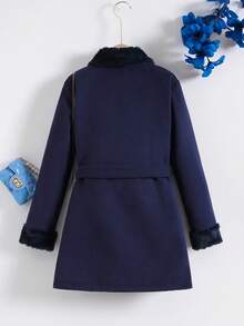 SHEIN Tween 女童时尚优雅羊毛材质拼接毛领系带大衣秋冬季 - 藏蓝色 - 查看 2