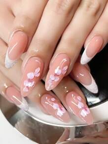 ROMWE Kawaii 24pcs Long Almond Floral Pattern Fake Nail & 1pc Nail File & 1sheet Tape - Multicolor - View 1