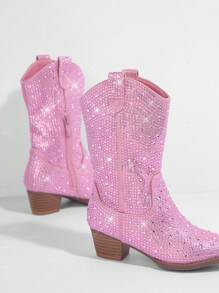 Mini mi Chicas Botas con cremallera lateral con diseño de diamante de imitación - Rosa - Ver 3
