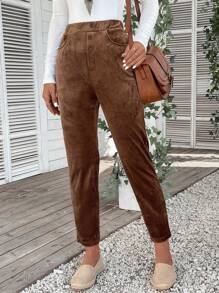EMERY ROSE Solid Slant Pocket Corduroy Pants - Rust Brown - View 5