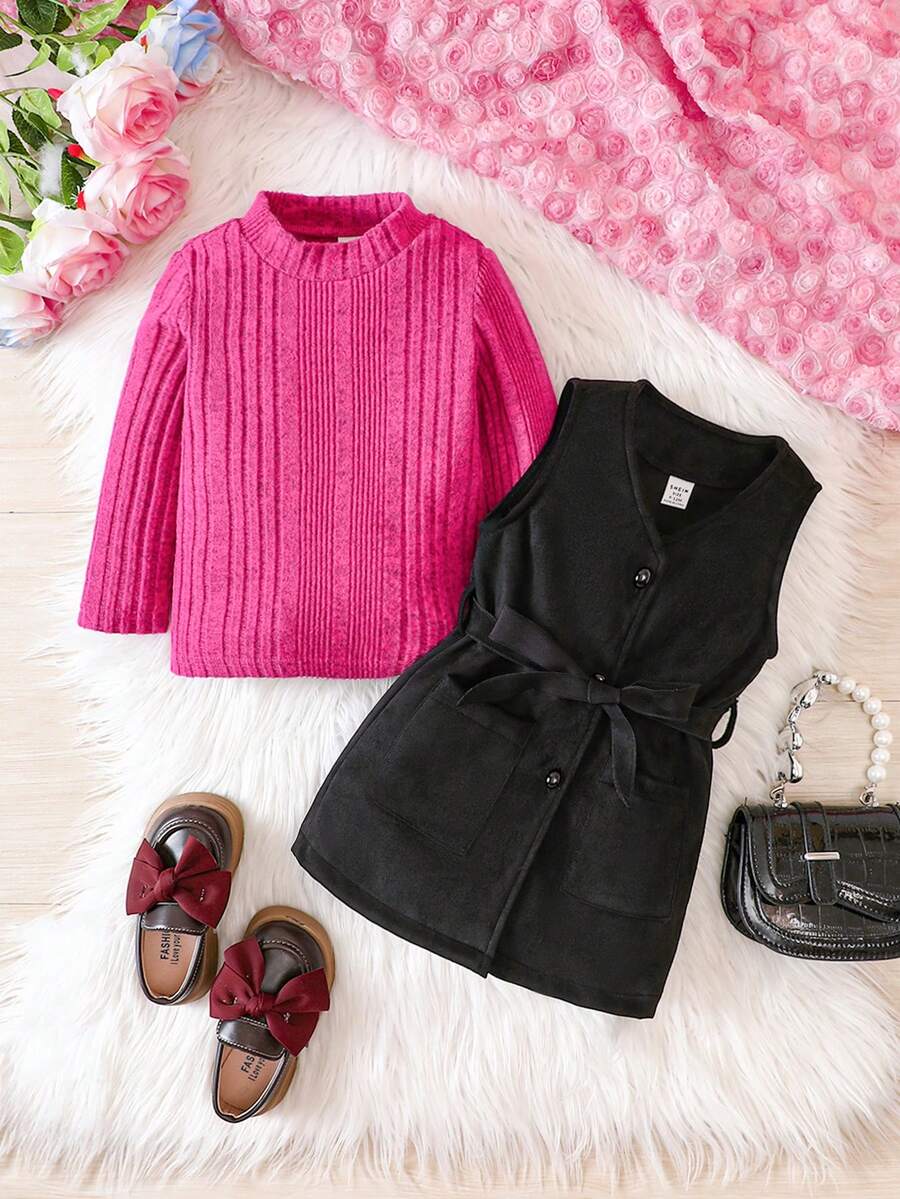 Đứa bé gái Cổ giả Áo thun & Nút phía trước Đầm - màu đen - Xem 1