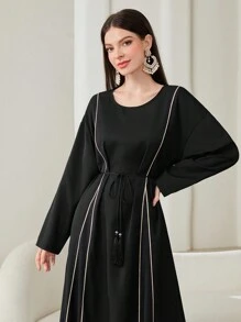 Al Najma Contrast Piping Tassel Belted Dress - Black - View 4