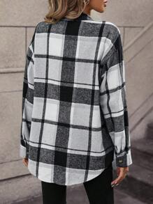 Plaid Print Drop Shoulder Patch Pocket Coat - White - View 2