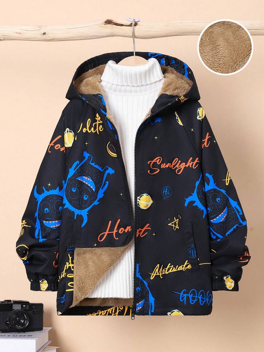 SHEIN Cậu bé Tween Chữ cái & Đồ họa hoạt hình Lót Teddy Áo trùm đầu Không có áo len - Nhiều màu - Xem 1