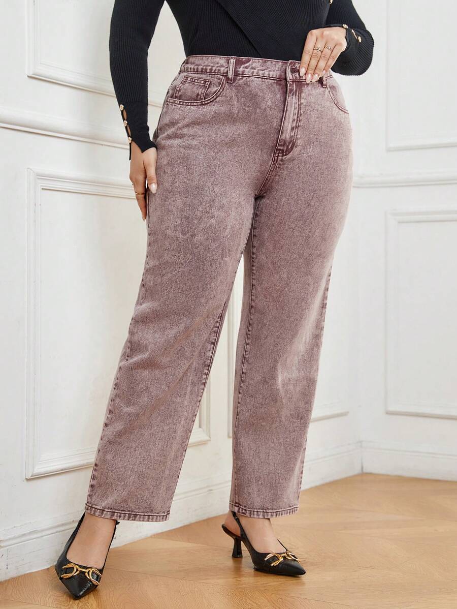 SHEIN Privé 大碼高腰直筒牛仔褲 - 彩色 - 查看 1