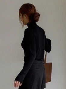 DAZY Chất rắn Cổ cao Áo thun - màu đen - Xem 2