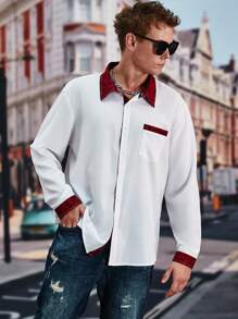 Manfinity Homme Men Plus Contrast Trim Pocket Patched Shirt - Red and White - View 3