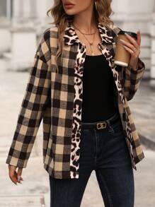 Chiquease Leopard And Gingham Print Drop Shoulder Coat Fall Cloth For Women - Brown - View 3