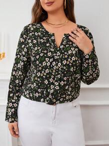SHEIN LUNE Hơn In hoa Ditsy Đường viền cổ có rãnh Áo sơ mi - màu đen - Xem 1
