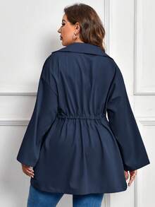 SHEIN Clasi Plus Roll Tab Sleeve Belted Coat - Navy Blue - View 2