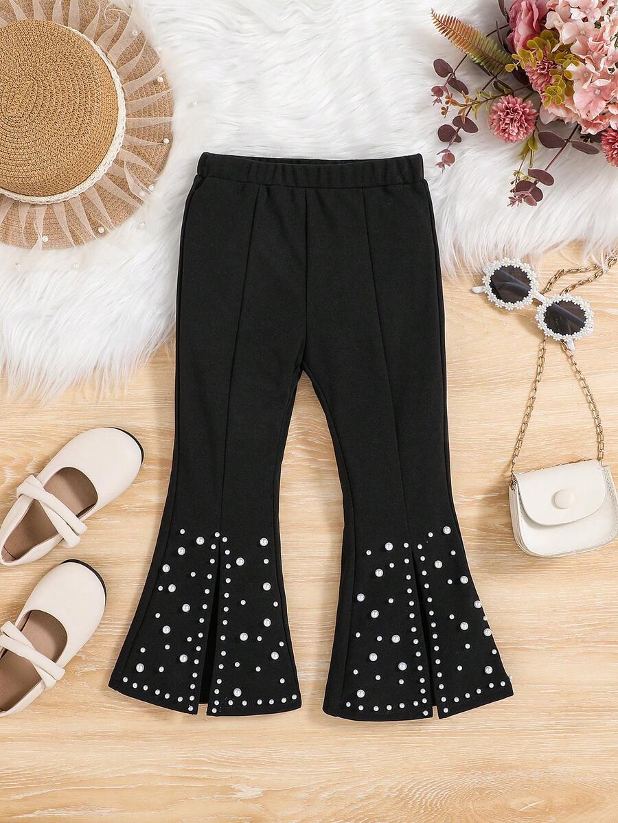 Young Girl Pearls Beaded Split Hem Flare Leg Pants - Black - View 1