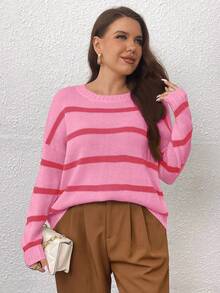 Celure 大碼條紋圖案落肩袖套頭毛衣 - 粉色 - 查看 5
