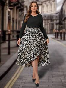SHEIN Clasi Plus Robe Imprimé Graphique À Volants - Noir et Blanc - Voir 4