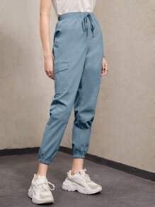 Mulvari 前打結側翻蓋口袋九分工裝褲 - 藍色 - 查看 1