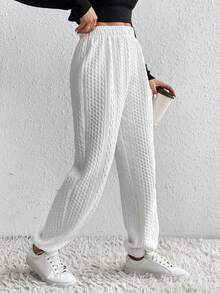 SHEIN Unity Pantalones de chándal de mujer de unicolor con textura y cintura elástica, otoño - Blanco - Ver 3