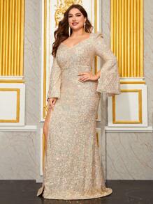 YISIKADO Plus Split Thigh Sequin Formal Dress - Champagne - View 3