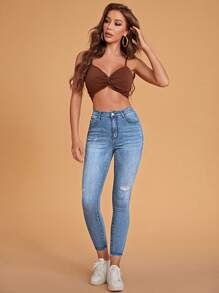 SHEIN Essnce Ripped Skinny Zipper Fly Jeans - Light Wash - View 3
