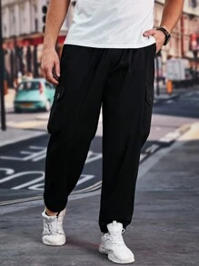 Manfinity Homme 男士加蓋口袋側抽繩腰工裝寬鬆褲 - 黑色 - 查看 4