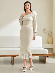 Modelyn 女款荷葉邊針織毛衣和針織裙套裝 - 杏色 - 查看 4