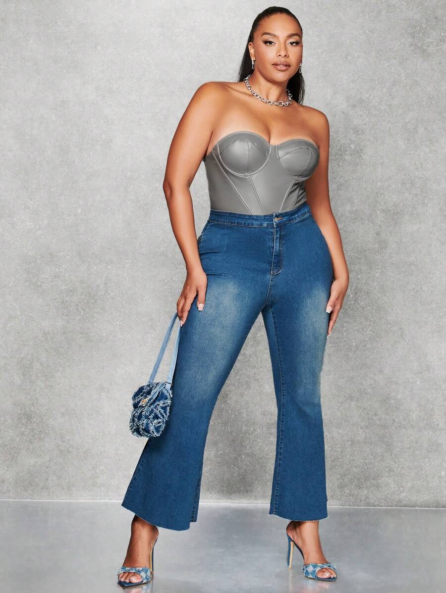 SHEIN BAE Plus Bustier Tube Bodysuit - Grey - View 1