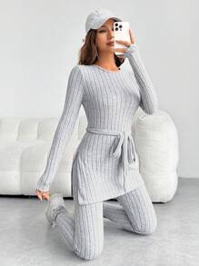 SHEIN EZwear 純色腰帶t恤和緊身褲 - 淺灰色 - 查看 4