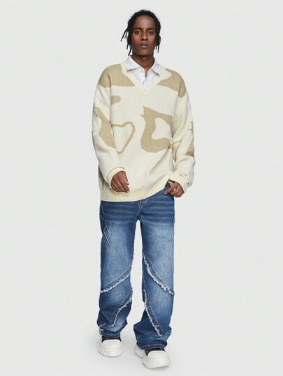 Street Life Guys Graphic Pattern V Neck Sweater