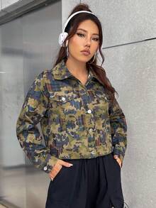 Pamile Camo Print Drop Shoulder Crop Jacket - Multicolor - View 6