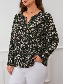 SHEIN LUNE Hơn In hoa Ditsy Đường viền cổ có rãnh Áo sơ mi - màu đen - Xem 2