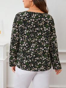 SHEIN LUNE Hơn In hoa Ditsy Đường viền cổ có rãnh Áo sơ mi - màu đen - Xem 3