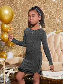 Cô gái Tween Trang trí Fuzzy Long lanh Đồ đan Ribbed Đầm - màu đen - Xem 2