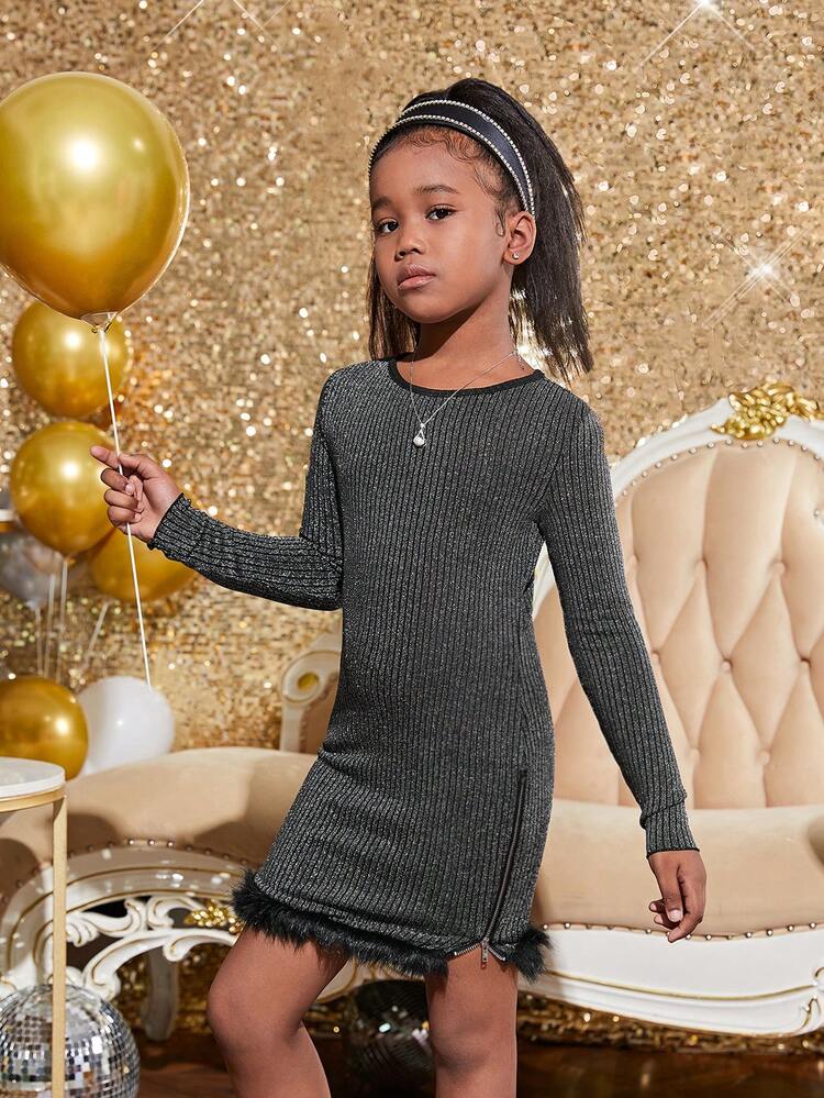 Tween Girl Fuzzy Trim Glitter Ribbed Knit Dress