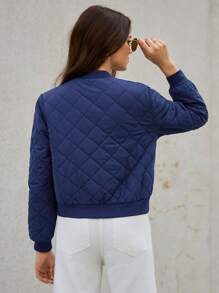 SHEIN Frenchy Solid Zip Up Quilted Padded Coat - Navy Blue - View 2