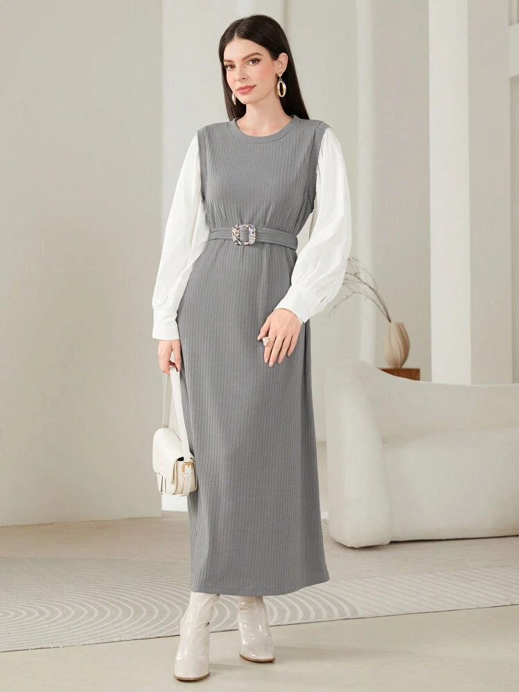 Modelyn Two Tone Belted Dress - Multicolor - View 4