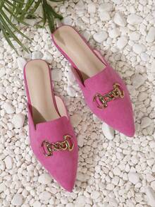Pointed Toe Flat & Half-slip-on Design Women's Mules, Pink Slippers - Hot Pink - View 6