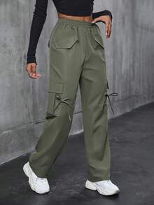 SHEIN Unity Pantalones cargo de mujer de unicolor casual con cordón en la cintura y bolsillo con solapa - Verde militar - Ver 4