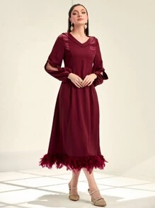 Modelyn Burgundy Red Lantern Sleeve Fuzzy Hem Dress - Burgundy - View 5