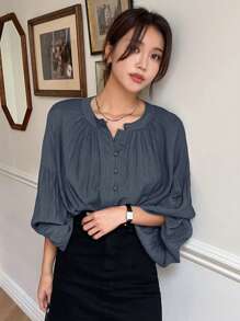 DAZY Casual Business Solid Color Lantern Sleeve Shirt Long Sleeve Top - Dusty Blue - View 6