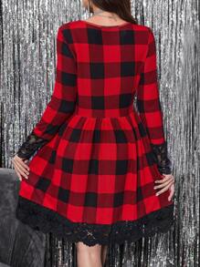 SHEIN Clasi 格紋印花拼接蕾絲下擺洋裝 - 彩色 - 查看 3