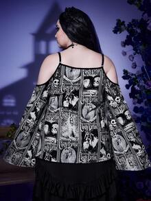 Corpse Bride | ROMWE Plus Allover Cartoon Print Cold Shoulder Flare Sleeve Tee - Black - View 2