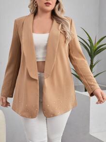 SHEIN Privé Plus Rhinestone Shawl Collar Open Front Blazer - Khaki - View 3