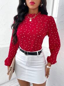 SHEIN Lady Heart Print Frill Trim Lantern Sleeve Blouse - Red - View 3