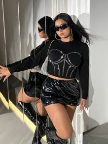 SHEIN ICON 大碼水鑽細節短款T恤 - 黑色 - 查看 2