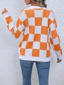 SHEIN Essnce 棋盤格圖案落肩袖開襟衫 - 橘色 - 查看 2