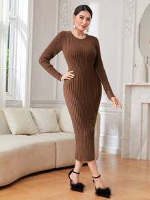 Modelyn Split Thigh Button Detail Ribbed Knit Sweater Dress Fall Cloth For Women - Coffee Brown - View 5