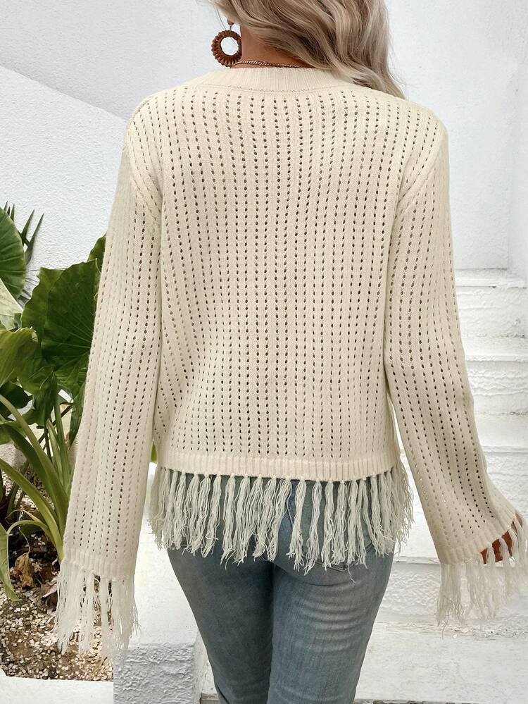 Fringe Trim Drop Shoulder Pointelle Knit Sweater