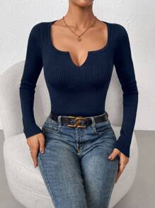 SHEIN LUNE 缺口領條紋針織套頭毛衣 - 藏蓝色 - 查看 6