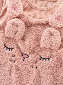 SHEIN Young Girl Solid Tee & Cartoon Embroidery 3D Ear Design Teddy Overall Dress - Pink - View 5