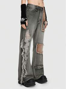 ROMWE Grunge Punk 撞色破洞牛仔喇叭褲 - 橄欖綠 - 查看 5